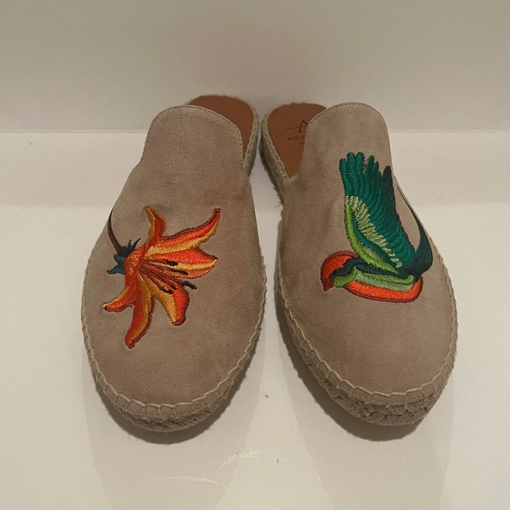 Aquatalia Blair Espadrille Bird‎ Flower Suede Embroidered Mules Slip on Shoes 7